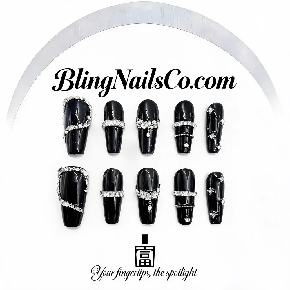 Black Rhinestone Press-On Nails