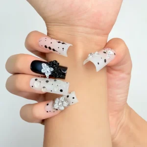 Black and White 3D Floral Press-On Nails