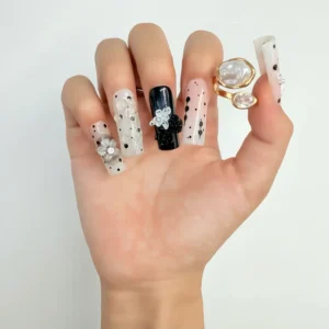 Black and White 3D Floral Press-On Nails