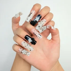 Black and White 3D Floral Press-On Nails