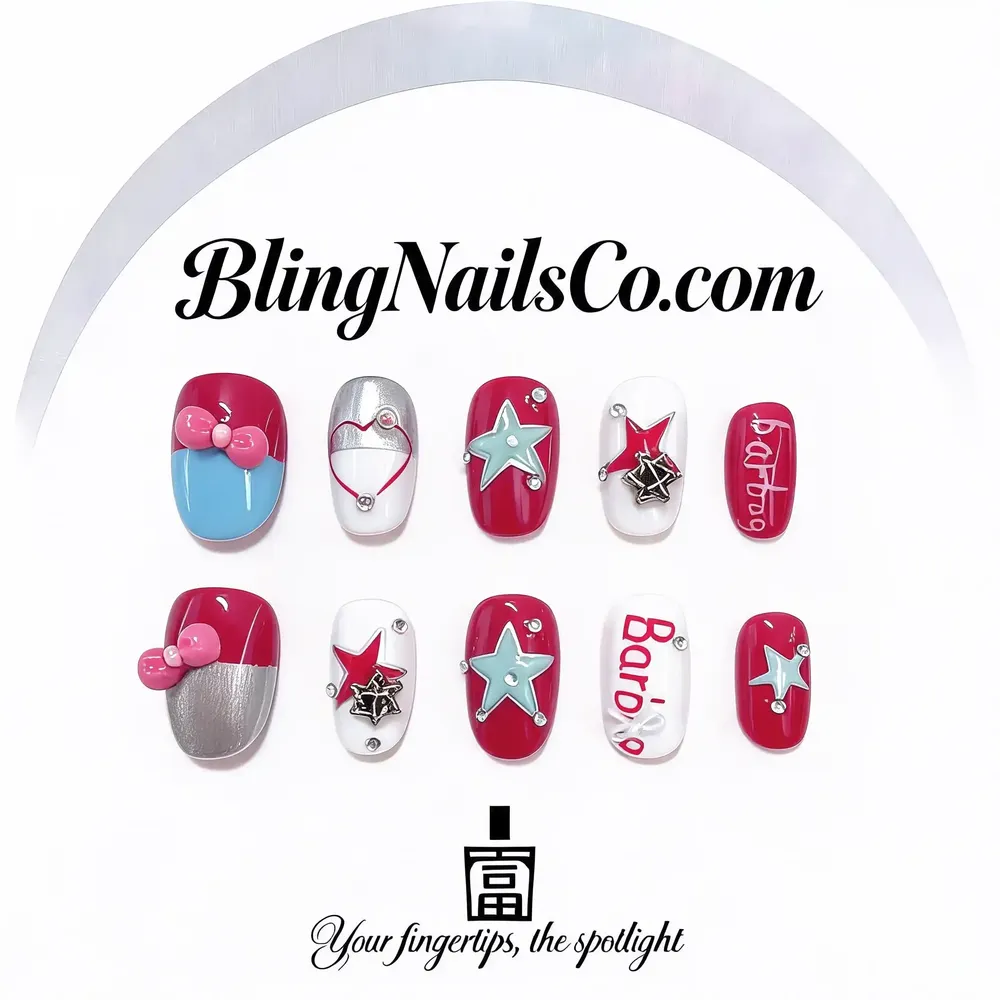 Pink Bow Star Press-On Nails