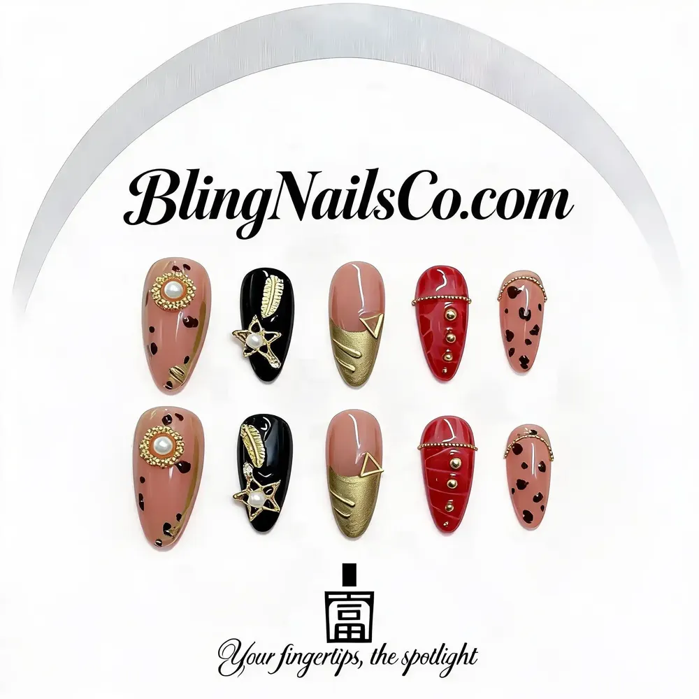 Red Black Gold Press-On Nails