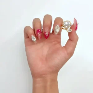 Red Floral Pearl Press-On Nails